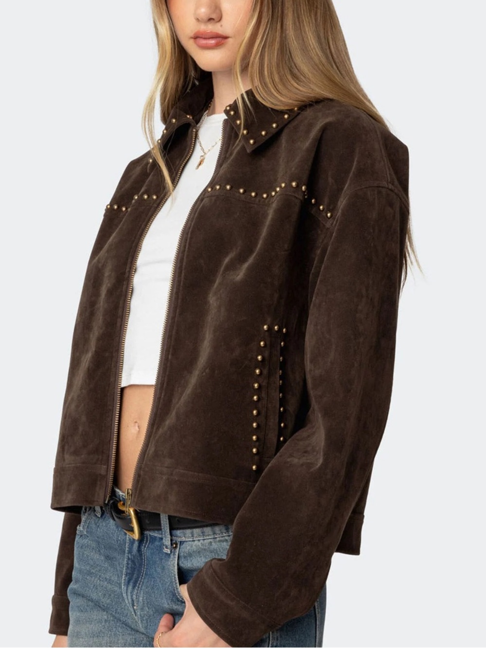 Edikted Memphis Studded Faux Suede Western Cowboy Jacket Brown NWT Size S - Picture 4 of 11